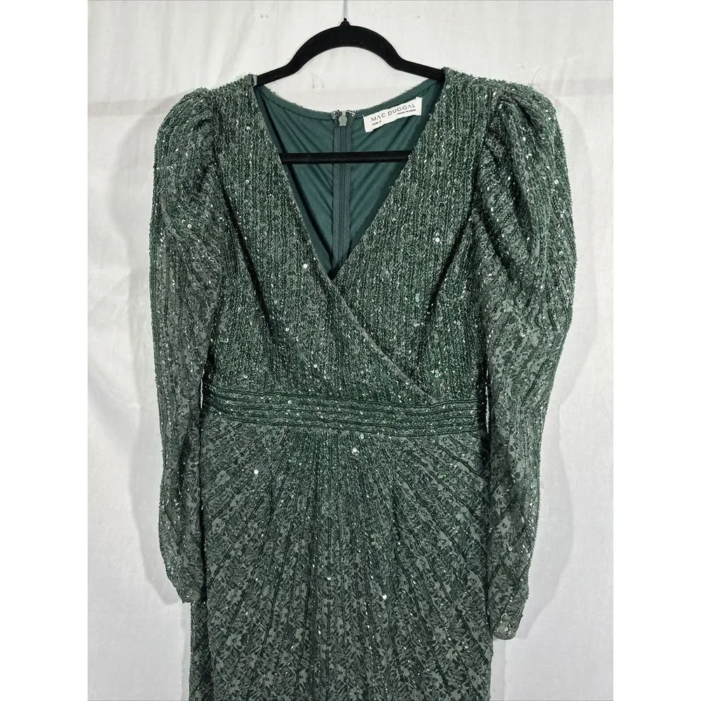 NWT $538 Mac Duggal [ 8 ] 93676 Beaded Lace‎ Long Sleeve Midi Dress Deep Green